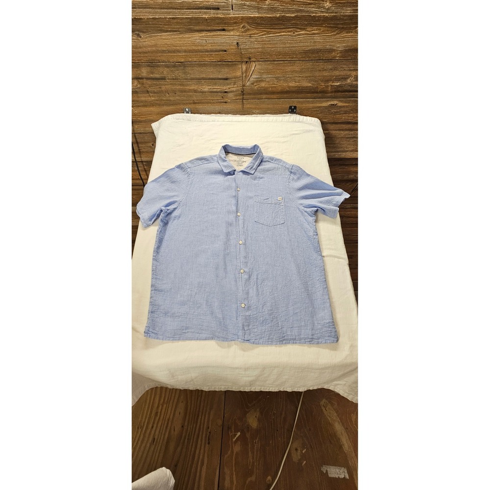 Chaps Coastland Wash Linen Blend Shirt Mens XL Blue Micro Check Short Sleeve